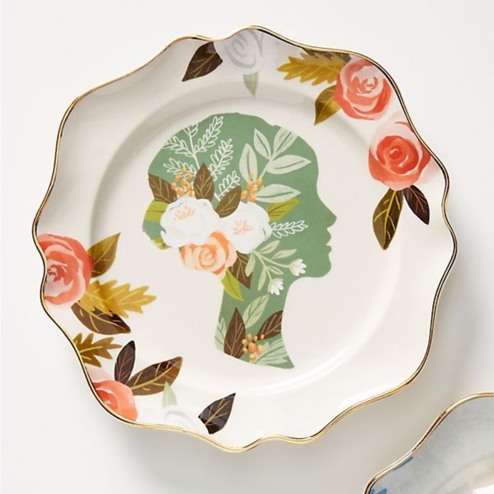 Anthropologie Floral Silhouette Plate - Green, Pink, Gold